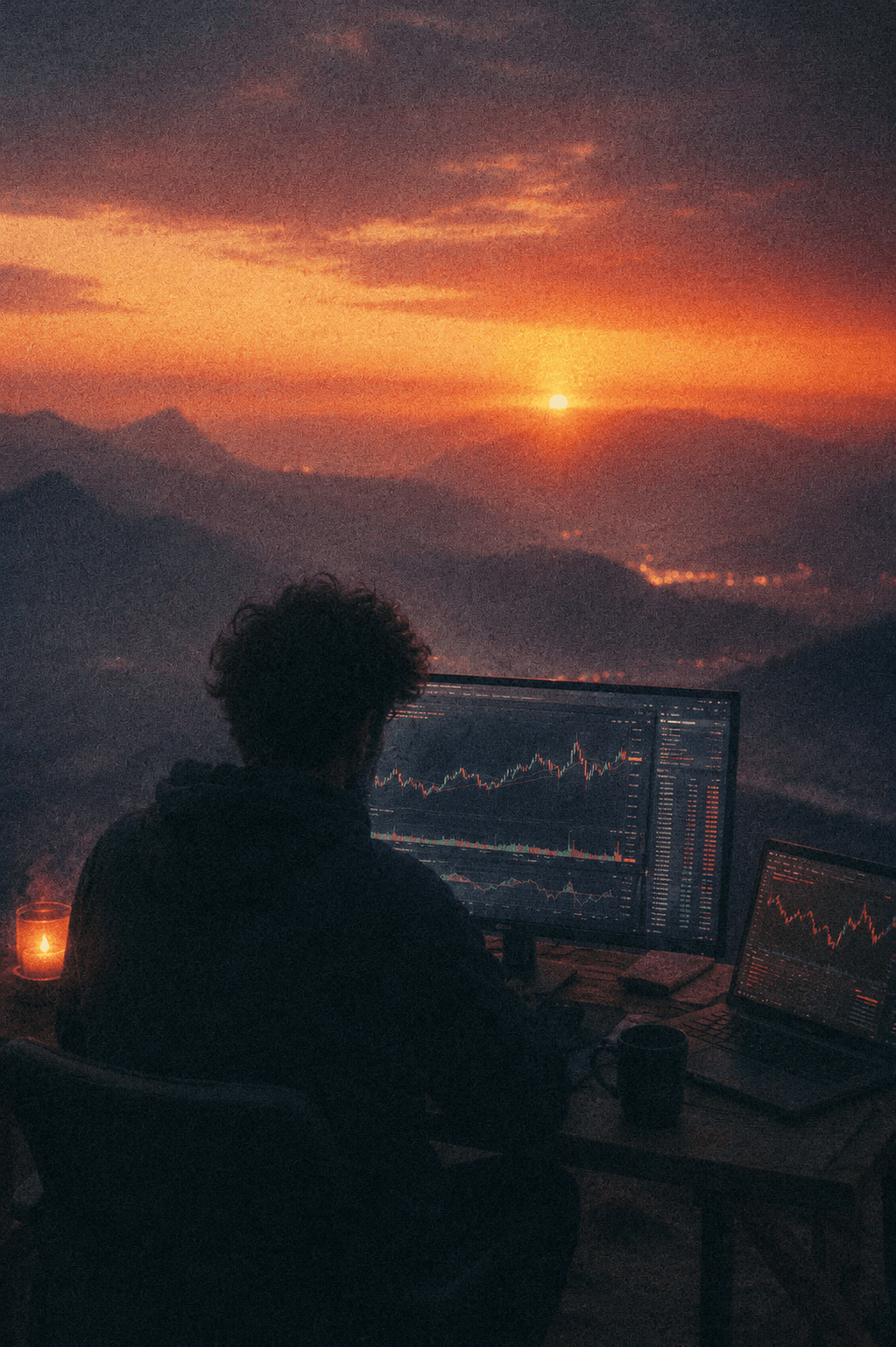 A solo builder watching markets and a sunset roll across mountain valleys.